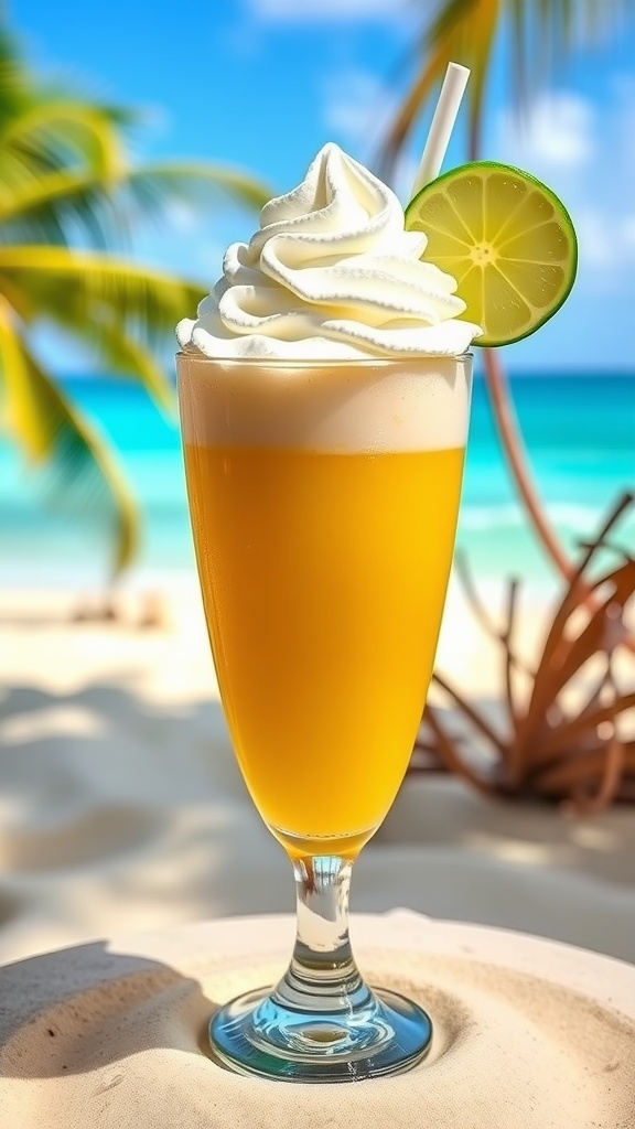 A banana rum daiquiri topped with whipped cream and garnished with lime, placed on a tropical beach setting.
